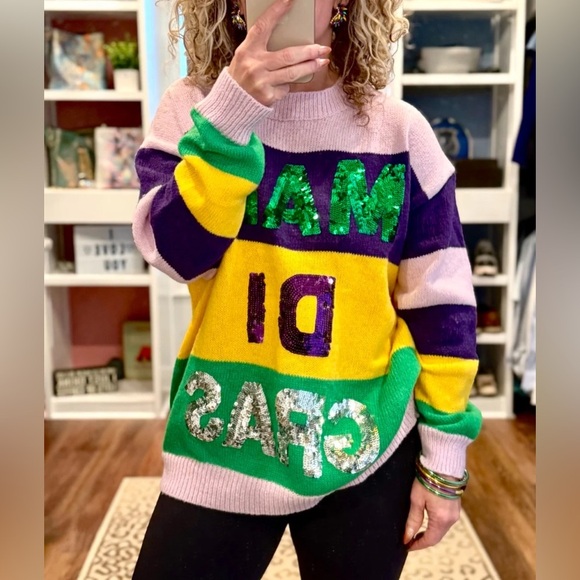 Mardi Gras sequins sweater knit crewneck embroidered pullover sweatshirt top QOS - Picture 4 of 12